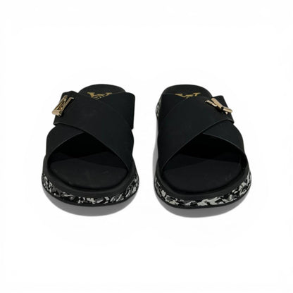 LOUIS VUITTON Luxury Black Cross Strap Sandals – LV Logo Detail & Marble Sole Design 👡✨