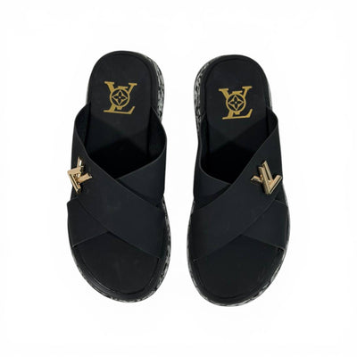 LOUIS VUITTON Luxury Black Cross Strap Sandals – LV Logo Detail & Marble Sole Design 👡✨