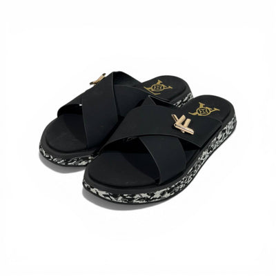 LOUIS VUITTON Luxury Black Cross Strap Sandals – LV Logo Detail & Marble Sole Design 👡✨