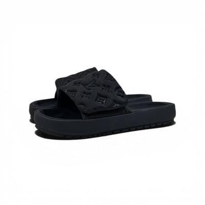 LOUIS VUITTON Luxury Black Monogram Slide Sandals – Embossed Design & Minimal Premium Style 👟