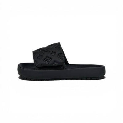 LOUIS VUITTON Luxury Black Monogram Slide Sandals – Embossed Design & Minimal Premium Style 👟