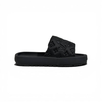 LOUIS VUITTON Luxury Black Monogram Slide Sandals – Embossed Design & Minimal Premium Style 👟