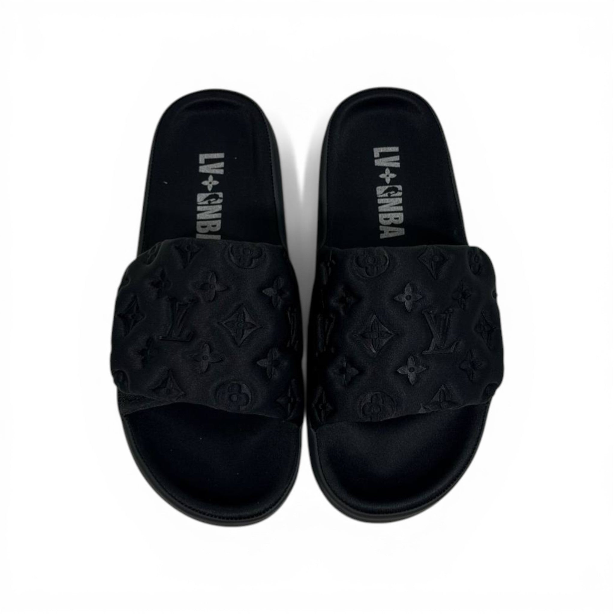 LOUIS VUITTON Luxury Black Monogram Slide Sandals – Embossed Design & Minimal Premium Style 👟
