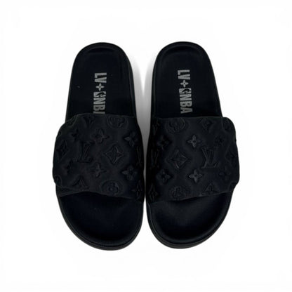 LOUIS VUITTON Luxury Black Monogram Slide Sandals – Embossed Design & Minimal Premium Style 👟