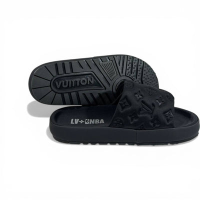 LOUIS VUITTON Luxury Black Monogram Slide Sandals – Embossed Design & Minimal Premium Style 👟