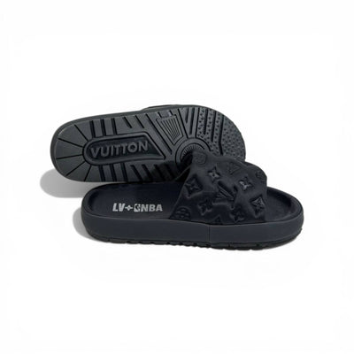 LOUIS VUITTON Luxury Black Monogram Slide Sandals – Embossed Design & Minimal Premium Style 👟