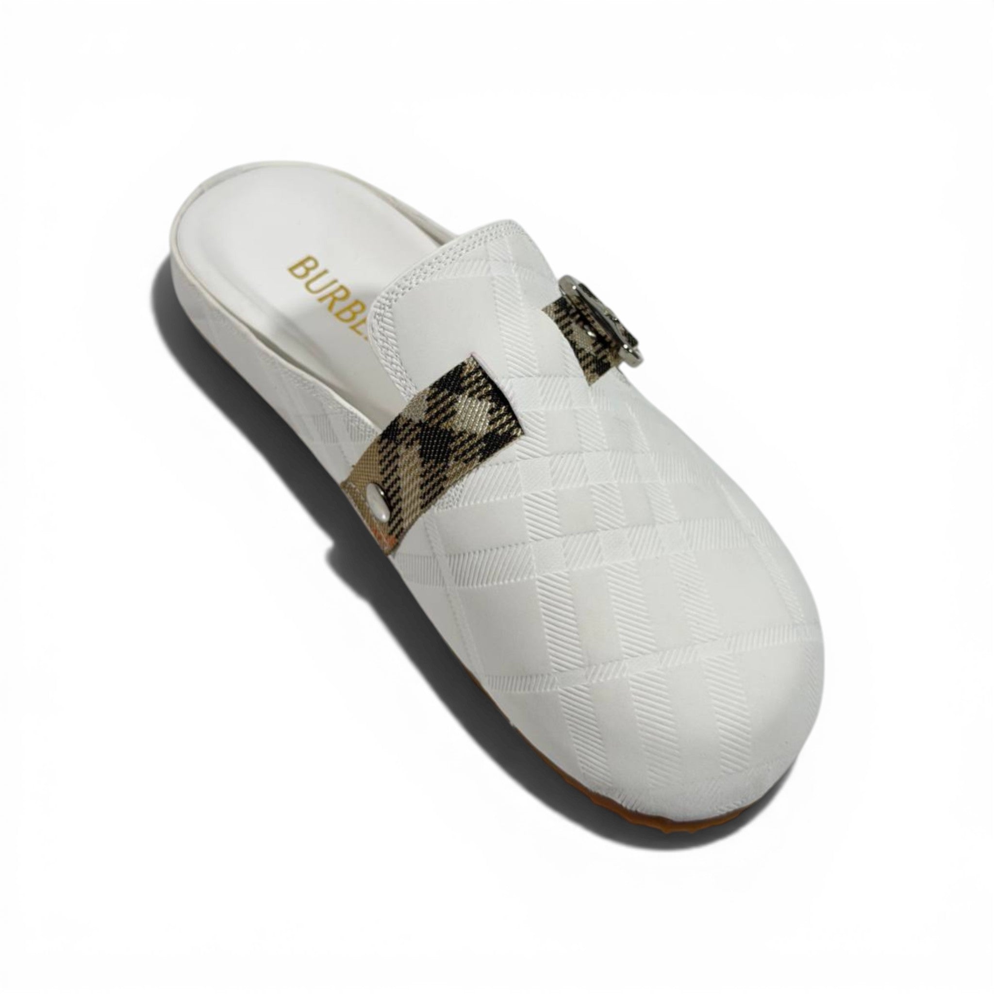 Burberry Check Pattern Slip-On Clogs with Buckle – Luxury Comfort Slides 🤍✨