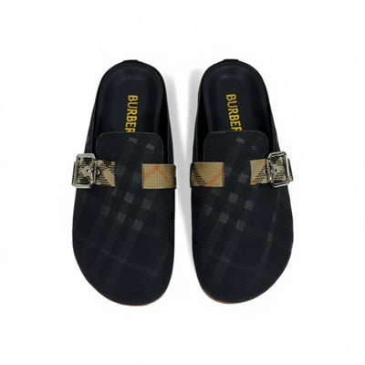 Burberry Black Check Slip-On Clogs with Buckle – Luxury Minimal Slides 🖤✨