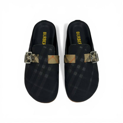 Burberry Black Check Slip-On Clogs with Buckle – Luxury Minimal Slides 🖤✨