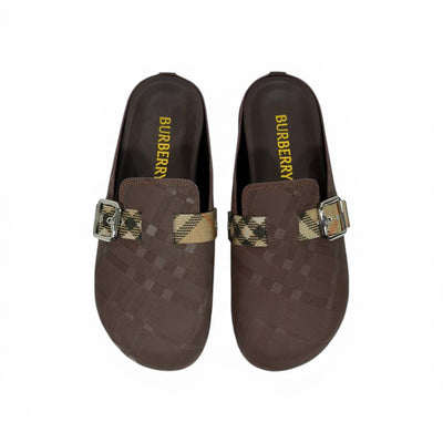 Burberry Brown Check Slip-On Clogs with Buckle – Classic Luxury Slides 🤎✨