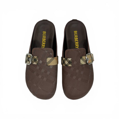 Burberry Brown Check Slip-On Clogs with Buckle – Classic Luxury Slides 🤎✨