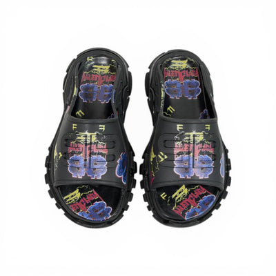 Balenciaga Neon Graffiti Chunky Slides – Streetwear Statement Slippers ⚫💜🔥
