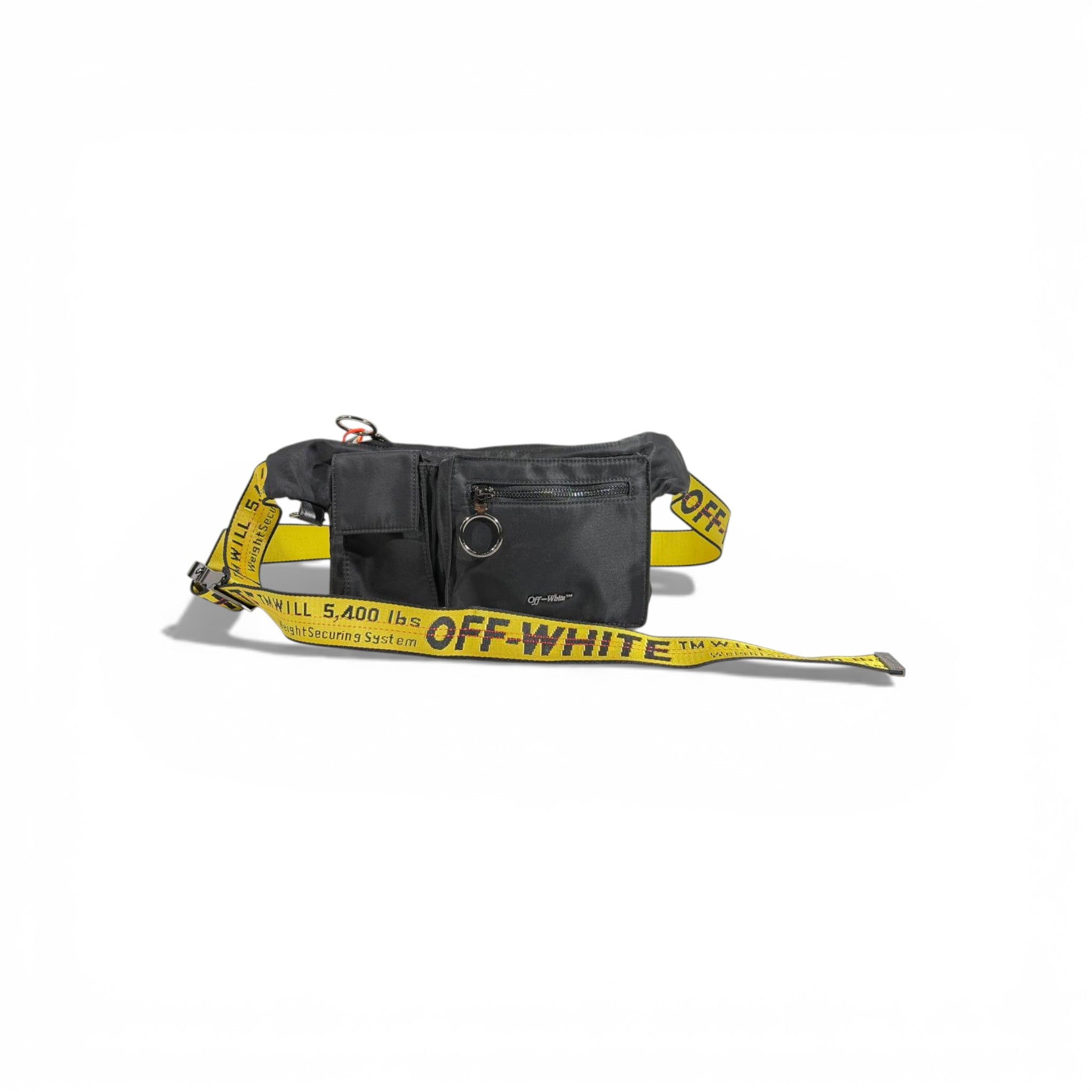 🖤🔥 Off-White Utility Waist Bag – Black with Iconic Yellow Strap 🔥🖤