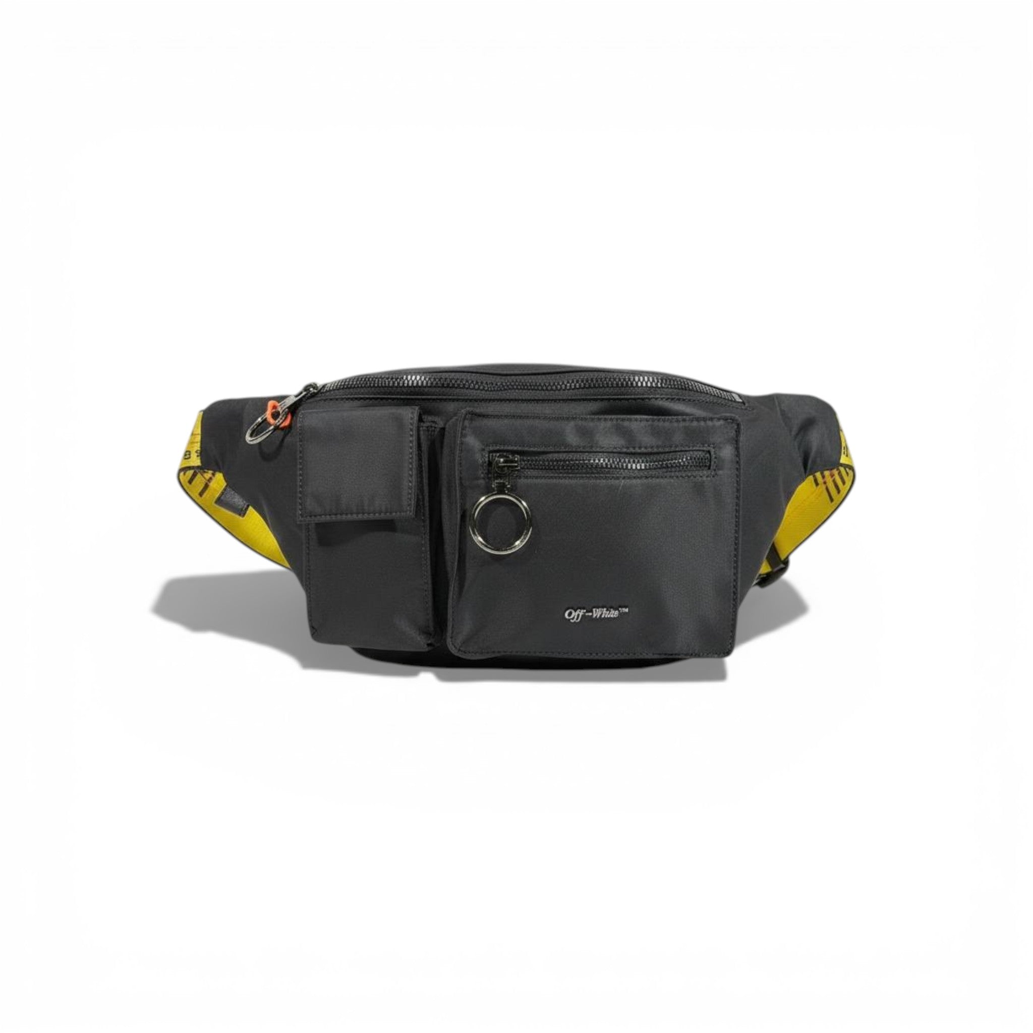 🖤🔥 Off-White Utility Waist Bag – Black with Iconic Yellow Strap 🔥🖤