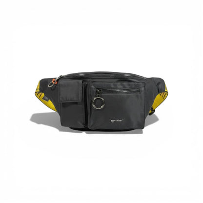 🖤🔥 Off-White Utility Waist Bag – Black with Iconic Yellow Strap 🔥🖤