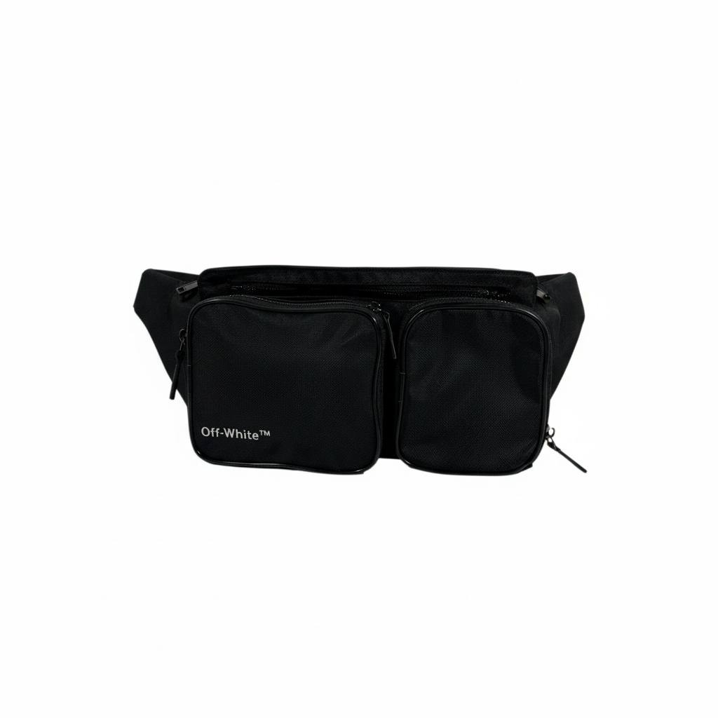 OFF-WHITE Black Double Pocket Waist Bag 🖤🔥 Streetwear Utility Belt Bag ⚡😎