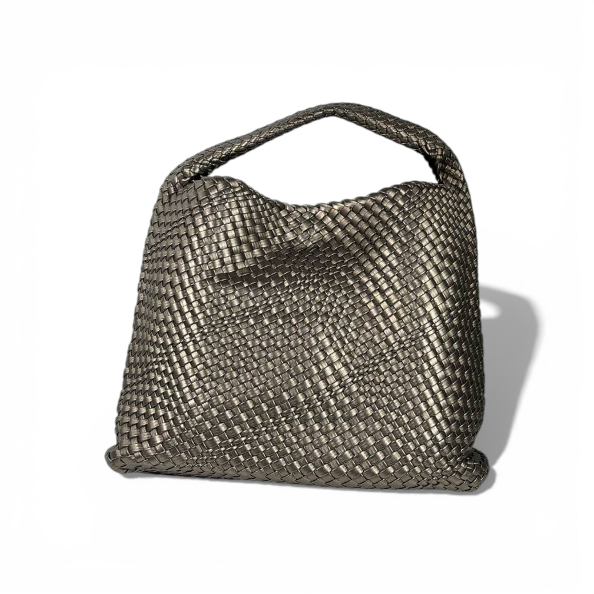🤍 Bottega Veneta Intrecciato Woven Hobo Bag – Metallic Taupe ✨