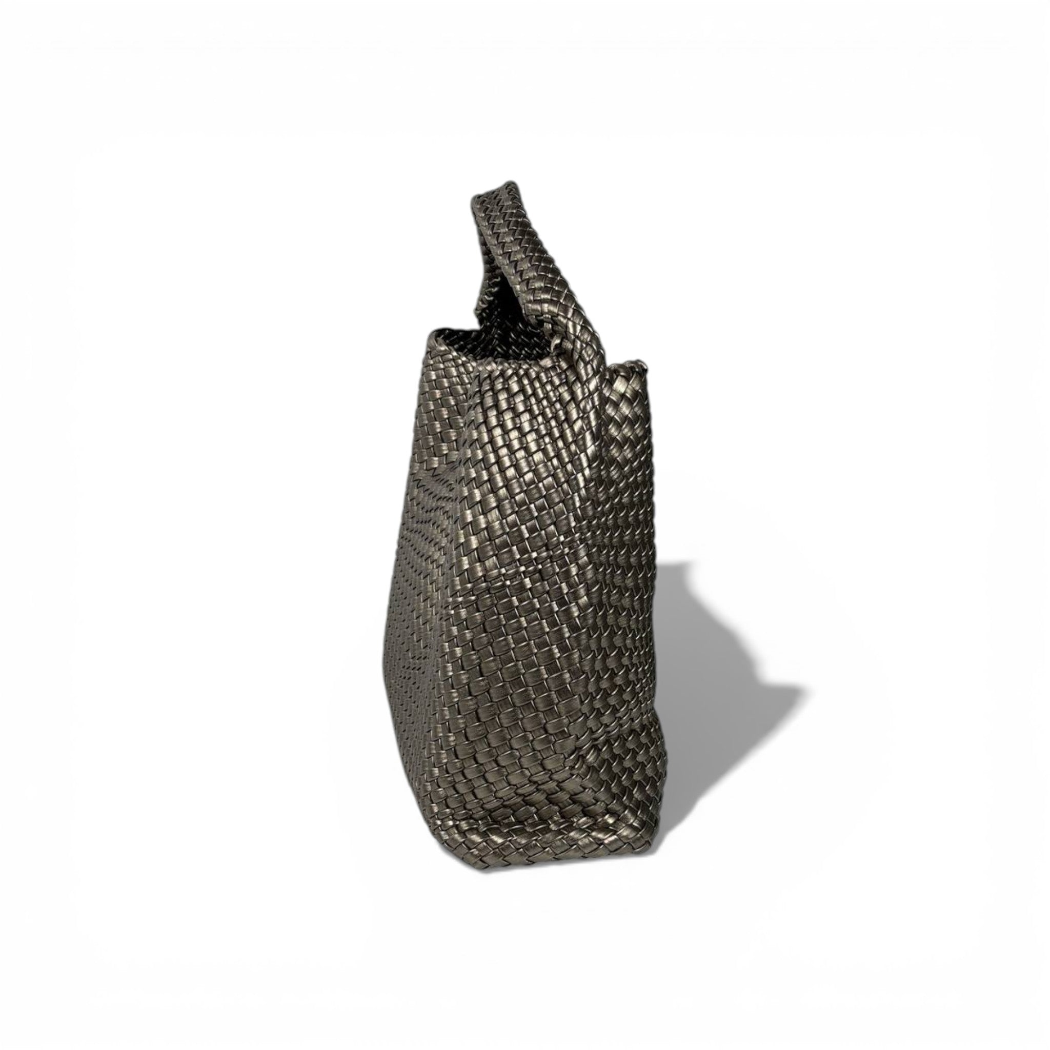 🤍 Bottega Veneta Intrecciato Woven Hobo Bag – Metallic Taupe ✨