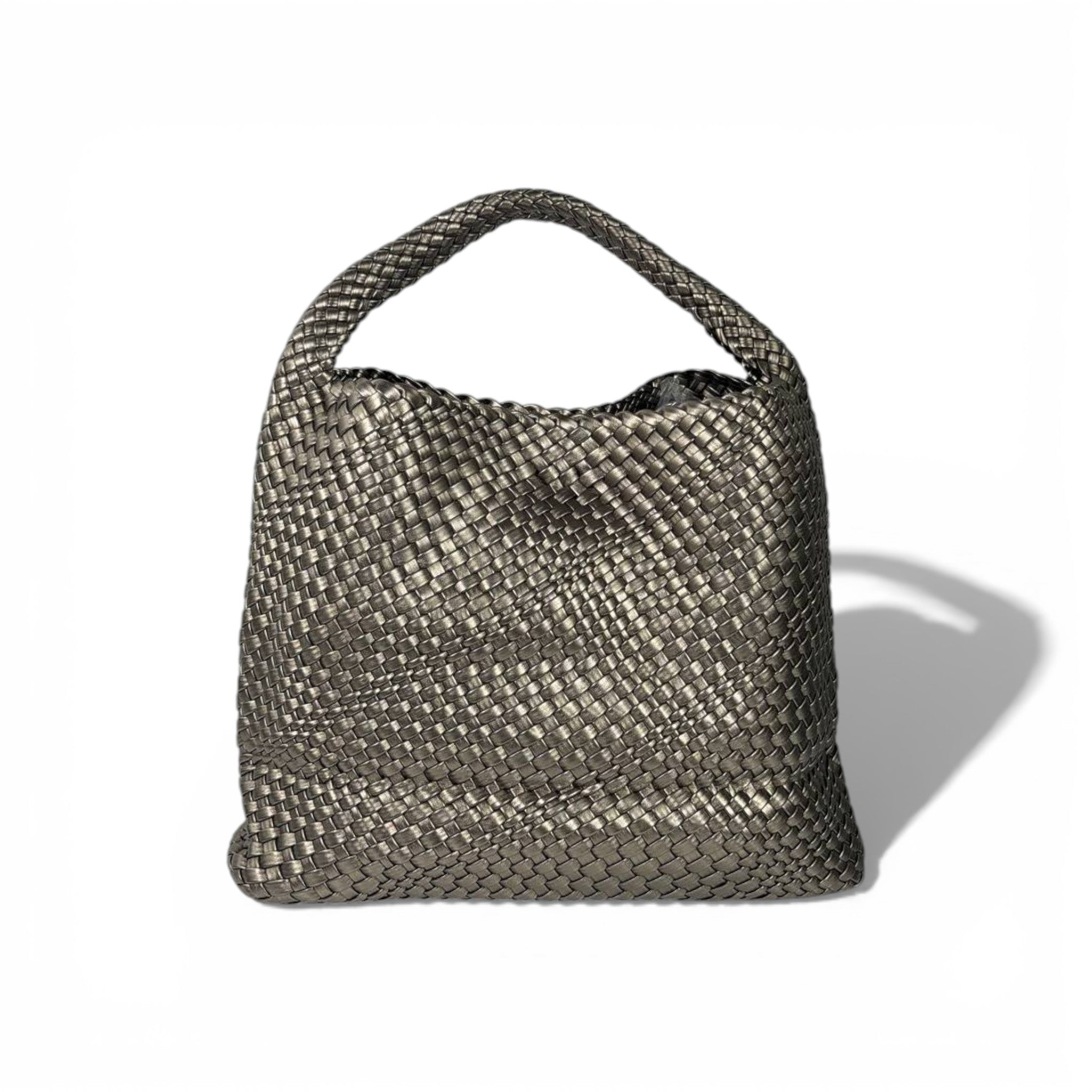 🤍 Bottega Veneta Intrecciato Woven Hobo Bag – Metallic Taupe ✨