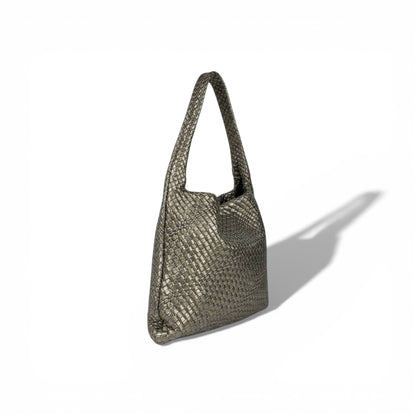 🤍 Bottega Veneta Intrecciato Woven Hobo Bag – Metallic Taupe ✨