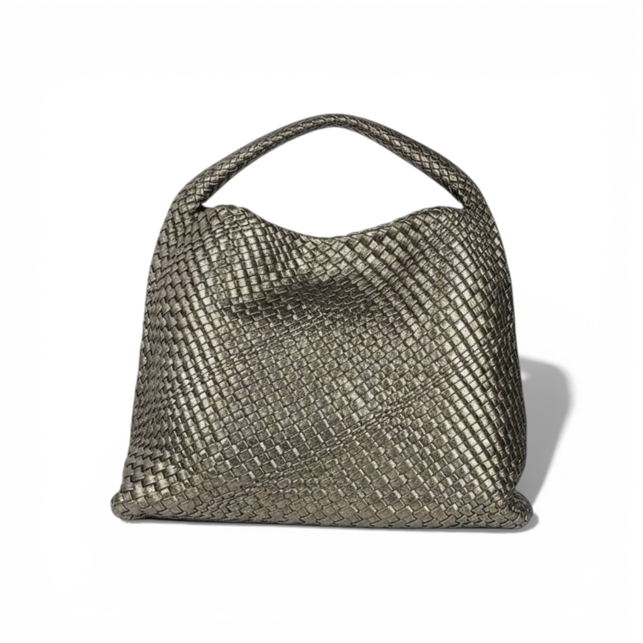 🤍 Bottega Veneta Intrecciato Woven Hobo Bag – Metallic Taupe ✨