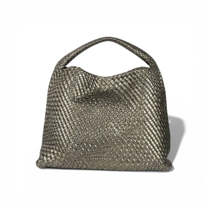 🤍 Bottega Veneta Intrecciato Woven Hobo Bag – Metallic Taupe ✨
