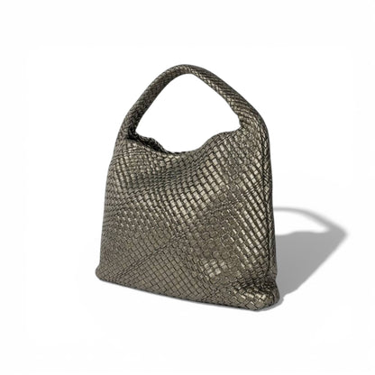 🤍 Bottega Veneta Intrecciato Woven Hobo Bag – Metallic Taupe ✨