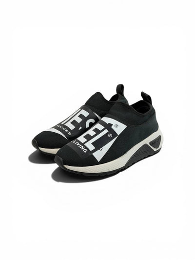 Diesel Black Slip-On Sneakers – Bold Logo Print, Lightweight Knit Trainer