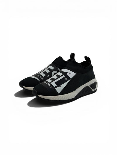 Diesel Black Slip-On Sneakers – Bold Logo Print, Lightweight Knit Trainer