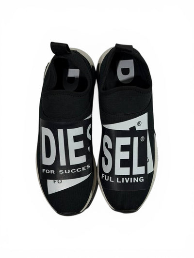 Diesel Black Slip-On Sneakers – Bold Logo Print, Lightweight Knit Trainer