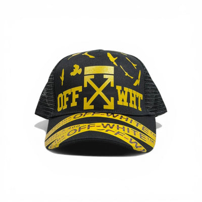 🧢 OFF-WHITE Inspired Arrow Logo Cap – Black & Yellow Streetwear Statement