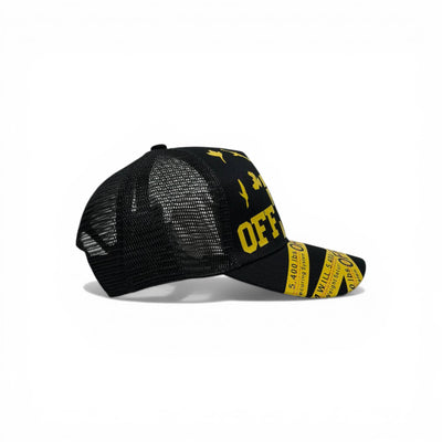 🧢 OFF-WHITE Inspired Arrow Logo Cap – Black & Yellow Streetwear Statement
