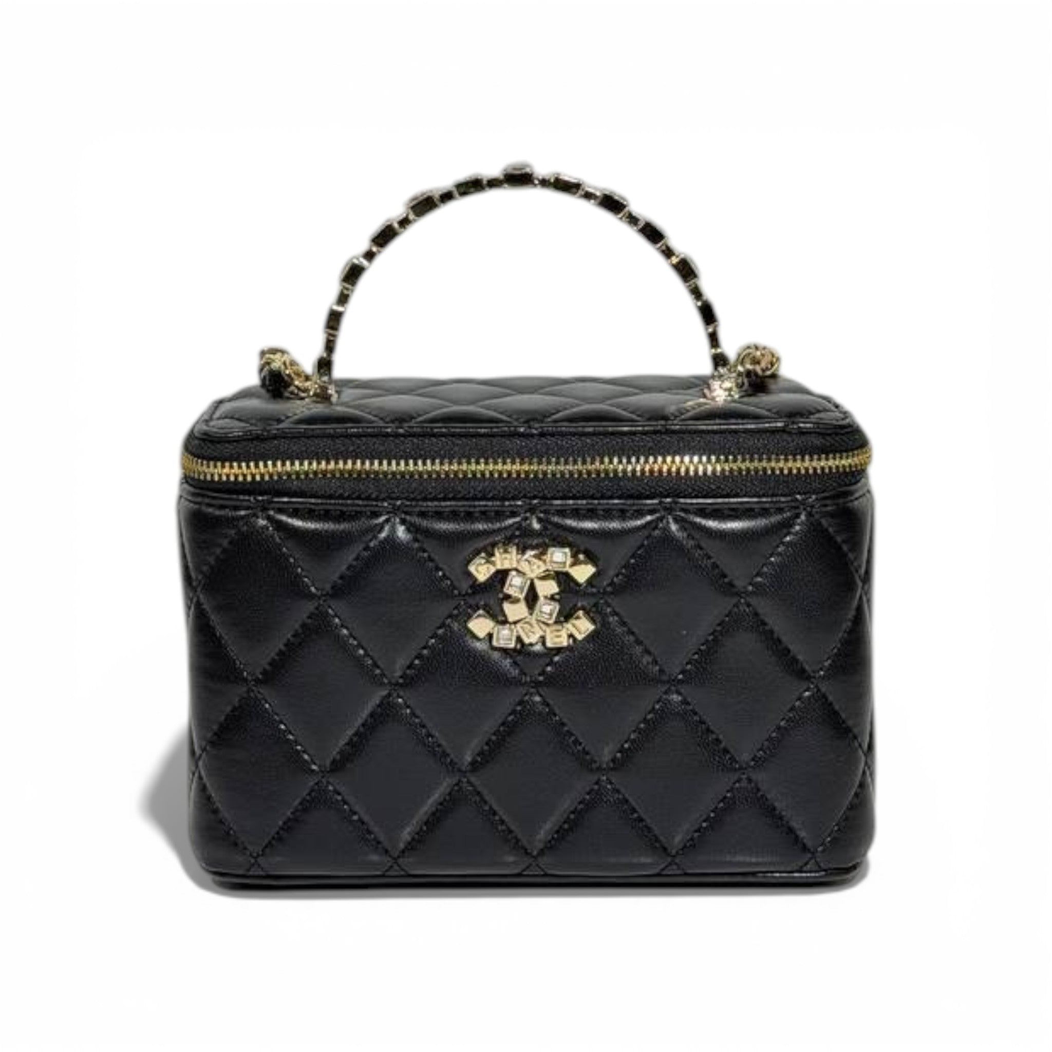 Chanel Quilted Vanity Case with Top Handle and Mirror – Black and Gold ✨🖤