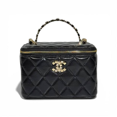 Chanel Quilted Vanity Case with Top Handle and Mirror – Black and Gold ✨🖤