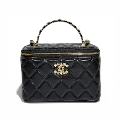 Chanel Quilted Vanity Case with Top Handle and Mirror – Black and Gold ✨🖤