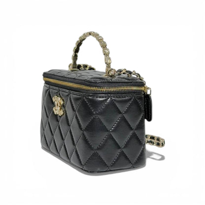 Chanel Quilted Vanity Case with Top Handle and Mirror – Black and Gold ✨🖤