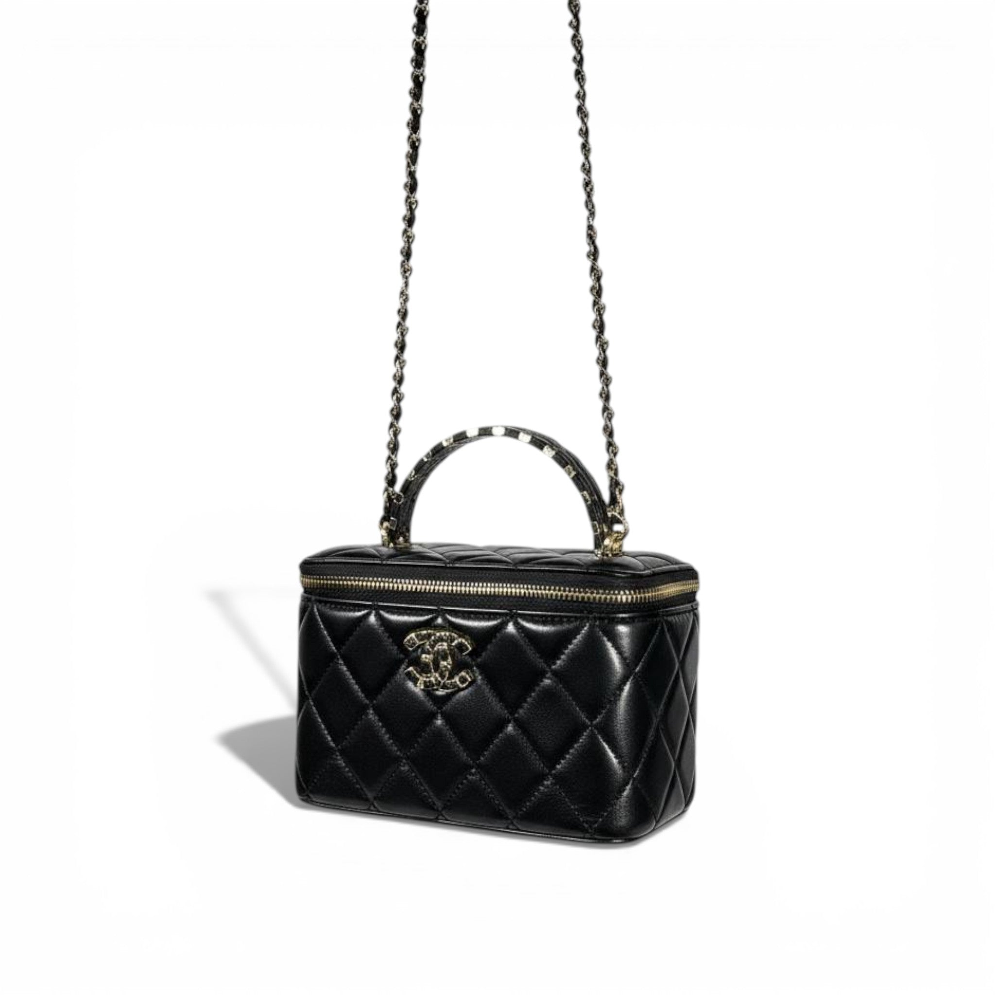 Chanel Quilted Vanity Case with Top Handle and Mirror – Black and Gold ✨🖤