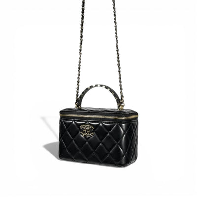 Chanel Quilted Vanity Case with Top Handle and Mirror – Black and Gold ✨🖤