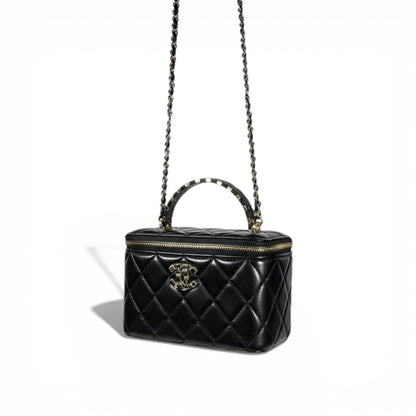 Chanel Quilted Vanity Case with Top Handle and Mirror – Black and Gold ✨🖤