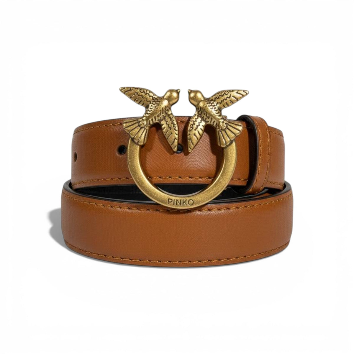 Pinko Love Birds Leather Belt 115cm – Brown with Gold Buckle 