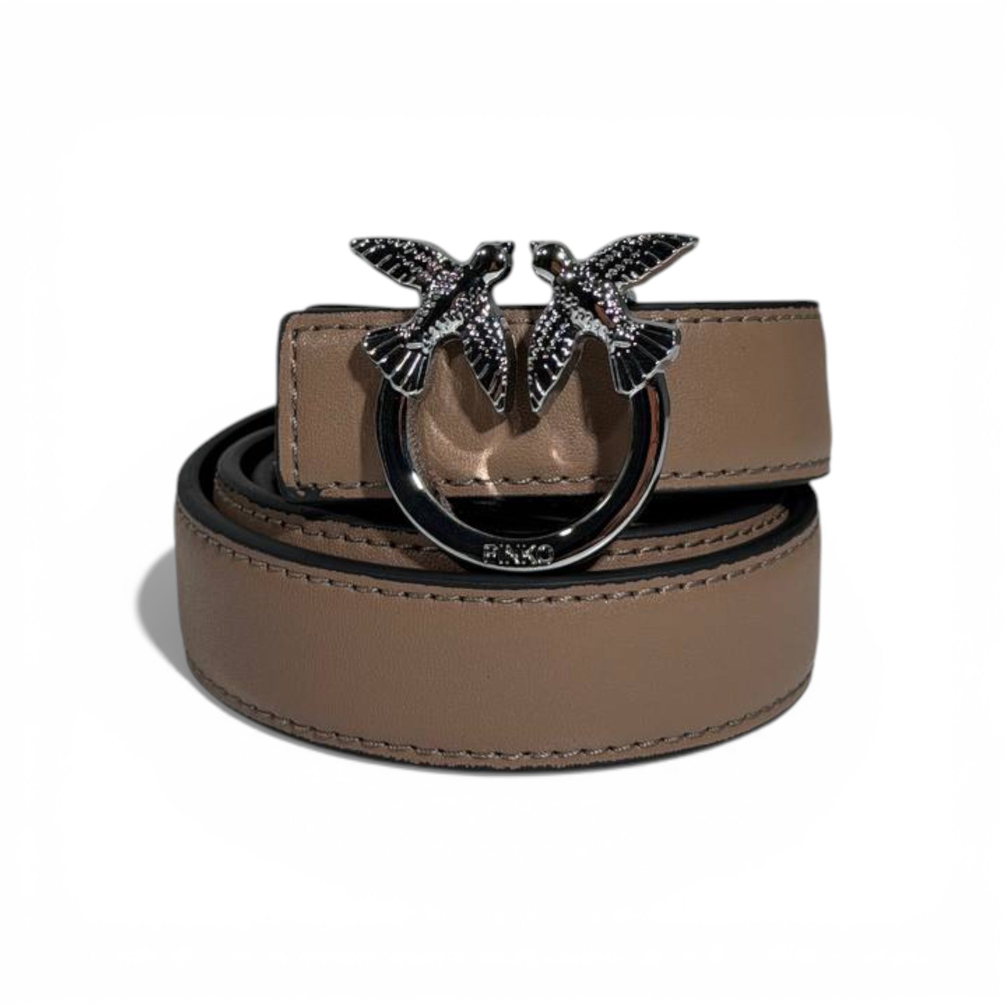Pinko Love Birds Leather Belt 105cm – Taupe with Black Buckle 🖤🤎✨
