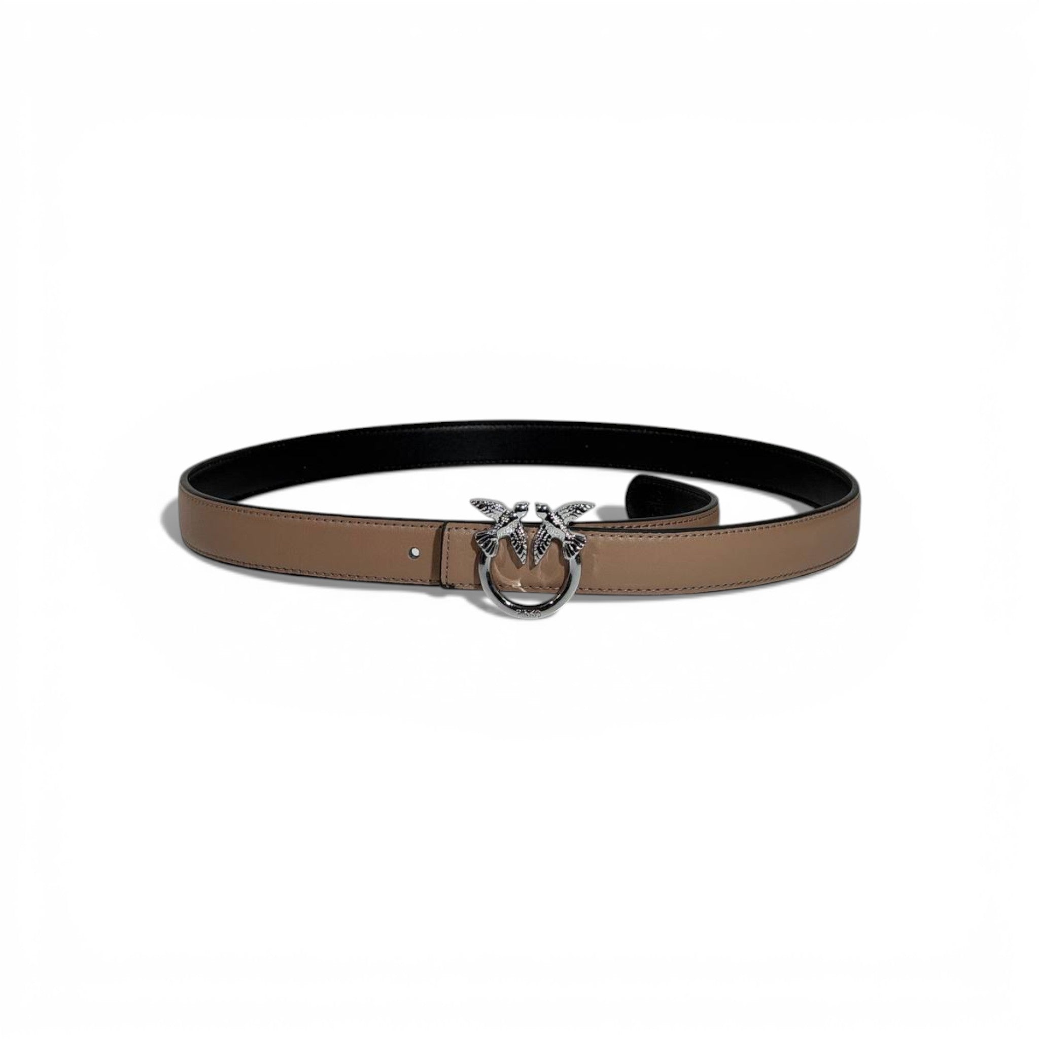 Pinko Love Birds Leather Belt 105cm – Taupe with Black Buckle 🖤🤎✨