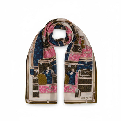 🧳✨ Louis Vuitton Iconic Trunk Print Silk Scarf Multicolor 🤎💗💙