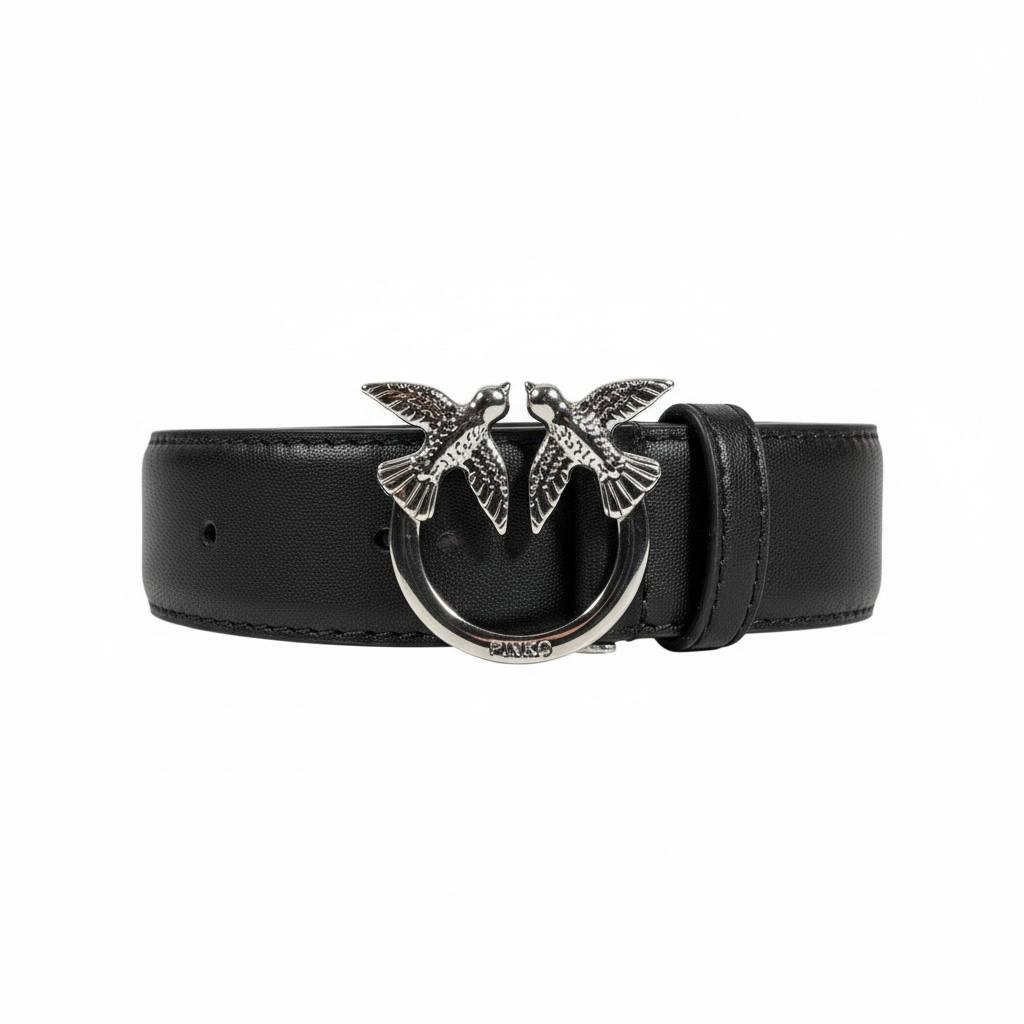 🖤✨ Pinko Black Leather Belt 110cm with Iconic Twin Birds Buckle 🕊️🕊️