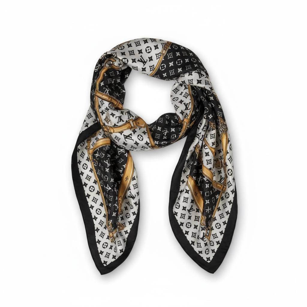 🖤✨ Louis Vuitton Monogram Chain Print Silk Scarf Black White Gold 🤍💛