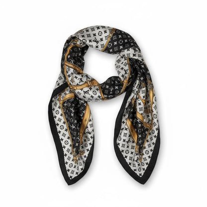 🖤✨ Louis Vuitton Monogram Chain Print Silk Scarf Black White Gold 🤍💛