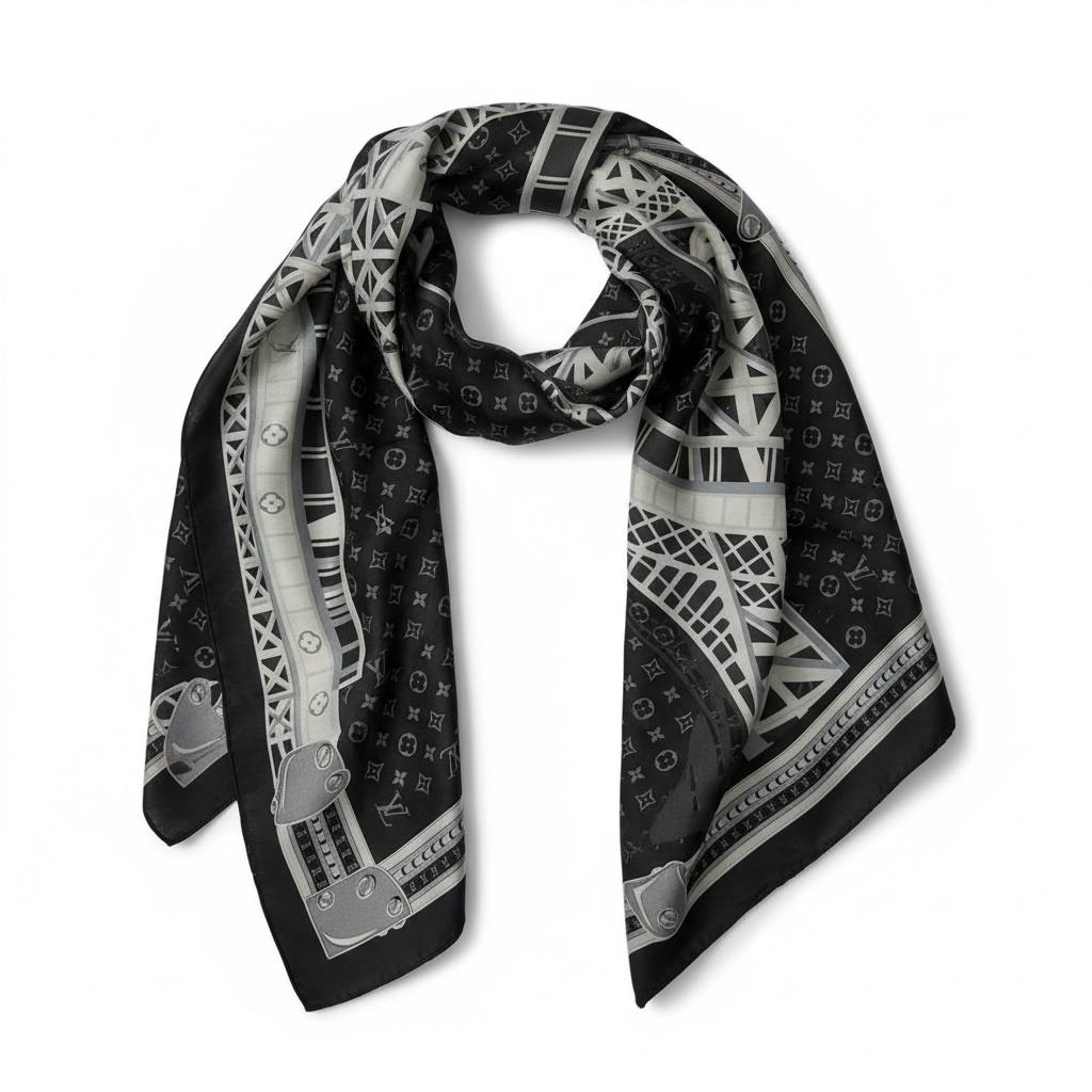 🖤✨ Louis Vuitton Monogram Architectural Print Silk Scarf Black Silver 🤍🩶