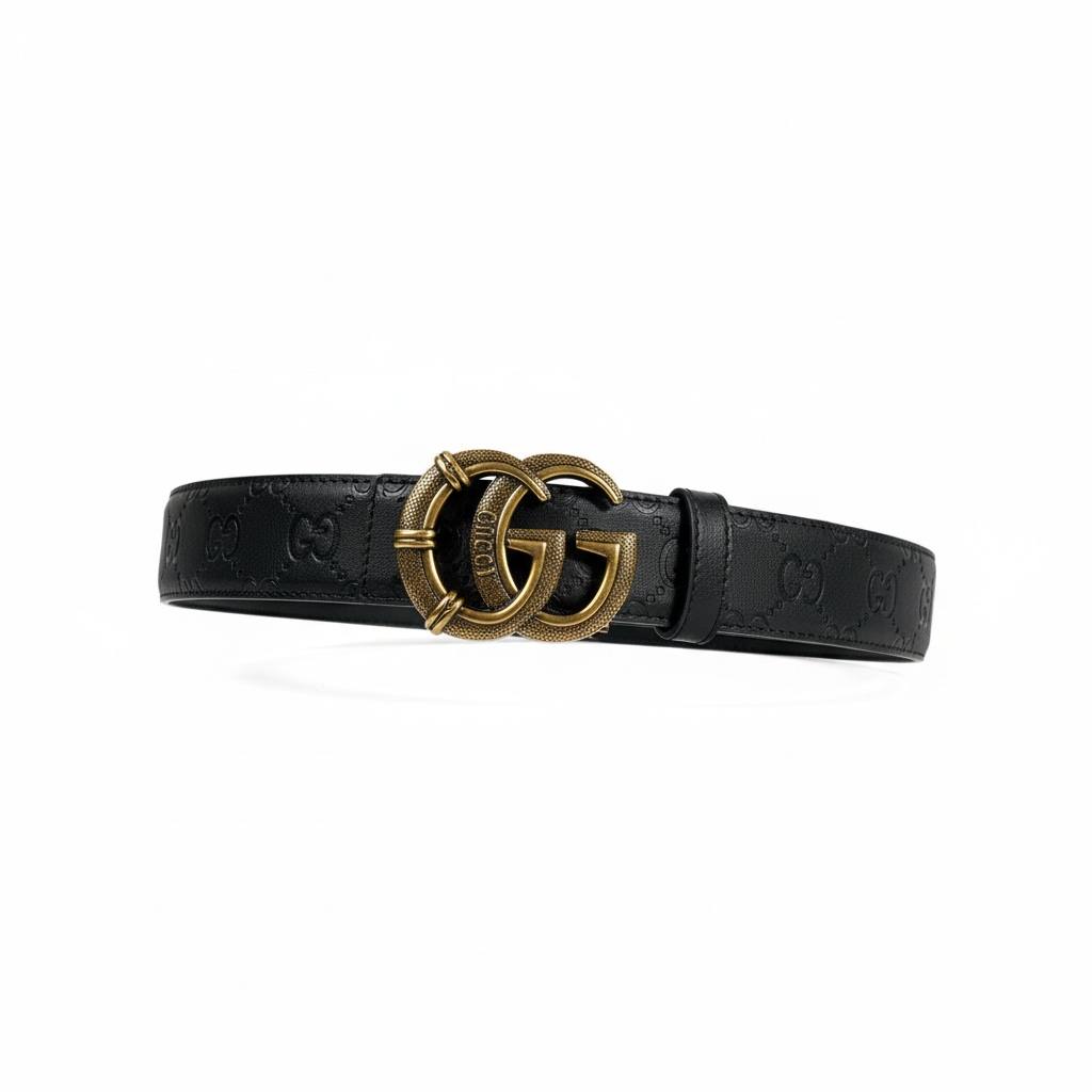 🖤✨ Gucci GG Embossed Leather Belt Black 120cm with Gold Buckle 💛