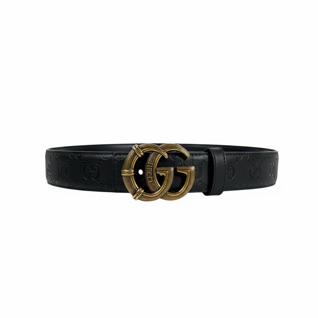 🖤✨ Gucci GG Embossed Leather Belt Black 120cm with Gold Buckle 💛