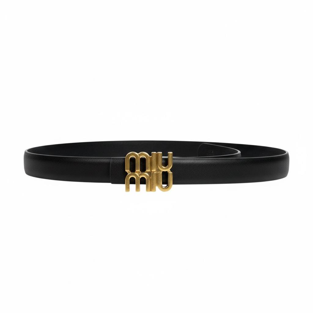 Miu Miu Black Leather Belt with Gold Logo Buckle 🖤✨👑-115cm